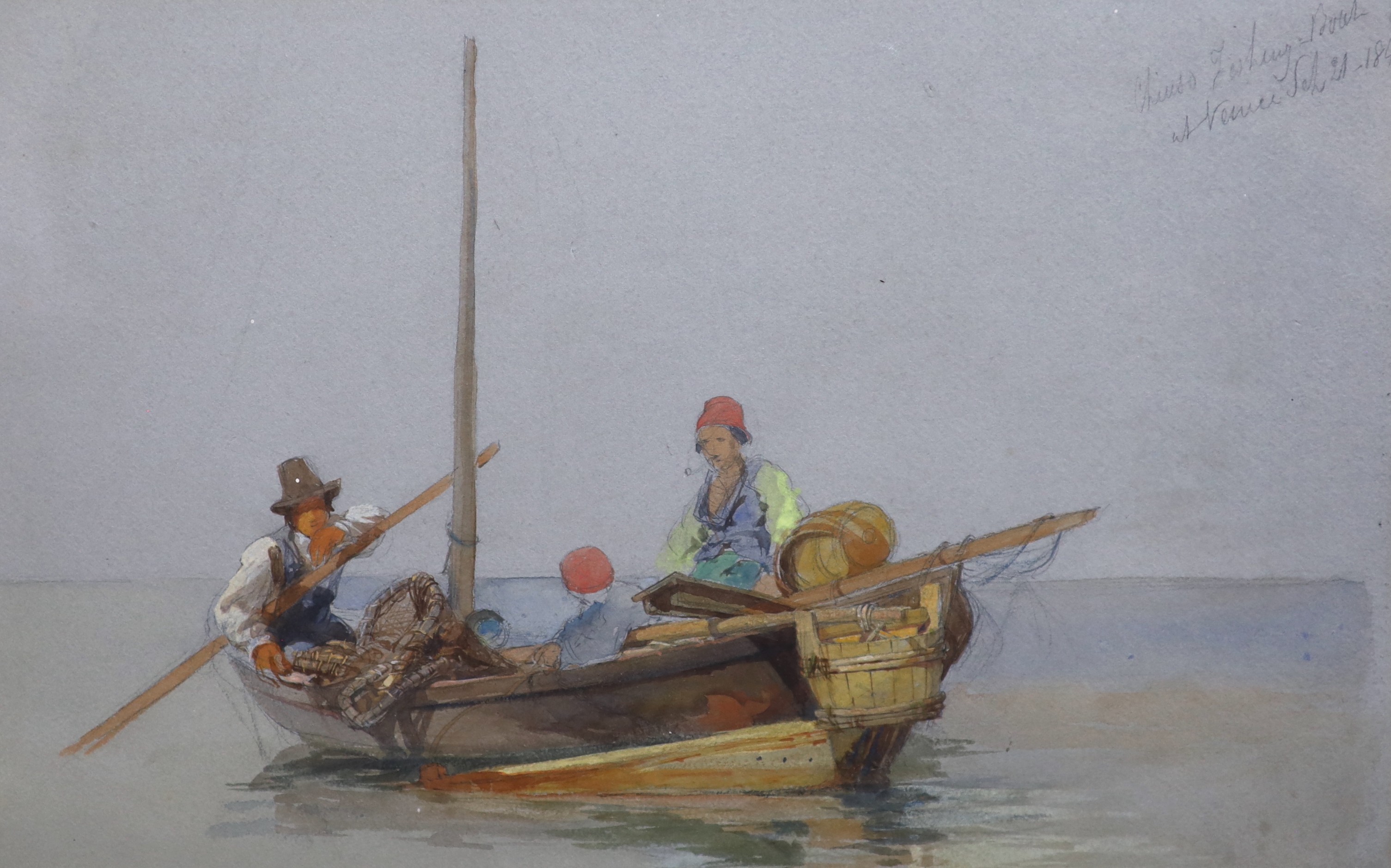 Edward Goodall (1795-1870), watercolour on grey paper, Chiuso fishing boat at Venice 1843, inscribed and dated September 1845, Agnew & Sons label verso, 22.5 x 35.5cms